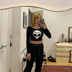 Mishka skate brand alien Arabic print black stretch crop top